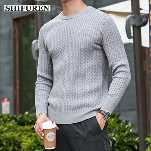 SHIFUREN 2019 Winter Sweaters Men Jacquard Pullovers Classic Casual O-neck Long-sleeved Jumpers Knitwear Solid Color Pull Homme
