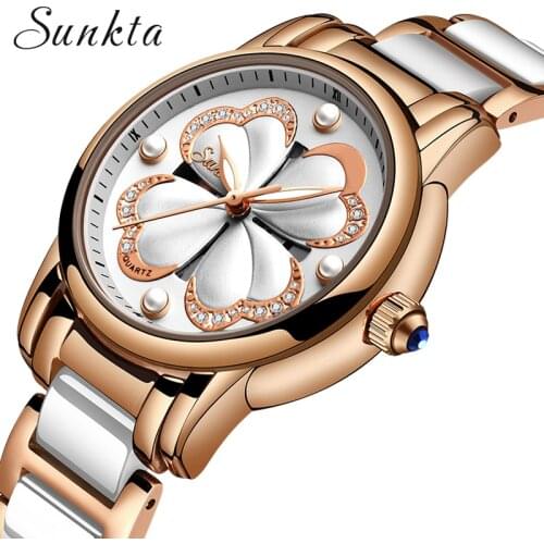 SUNKTA New Luxury Dress Women Watches Rhinestone Quartz Clock Female Watch Rose Gold Stainless Steel Fashion Ladies Wrist Watch