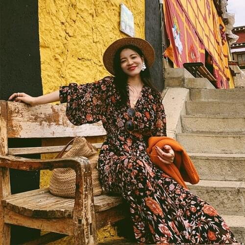 Vintage V-Neck Floral High-Waisted Lantern Sleeves Boho Bohemian Vacation Printing Dress Chiffon Black Long Skirt