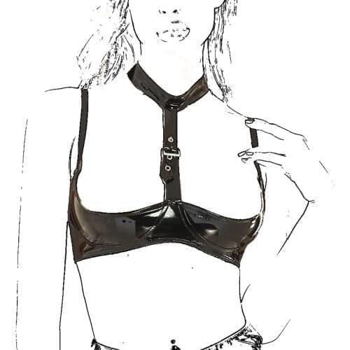 Womens Wet Look Patent Leather Lingerie Bra Halter Neck Adjustable Spaghetti Shoulder Straps Open Cups Wire-free Shelf Bra Top