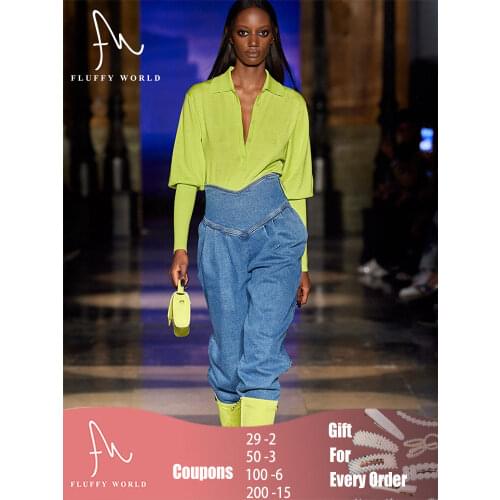 Women Fluorescent Green Sweater Turndown Collar Buttons Lantern Long Sleeve Pullover Fashion Elastic Clothing Top Spring Autumn