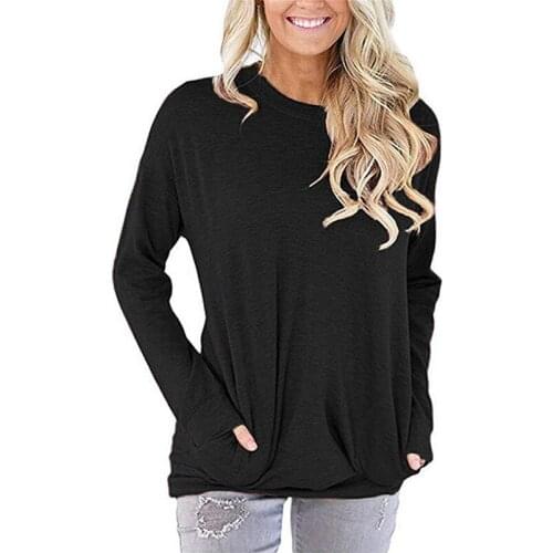 2020 Winter Autumn and Womens Sweater Solid Color Loose Round Neck Pocket Long Sleeve T-shirt