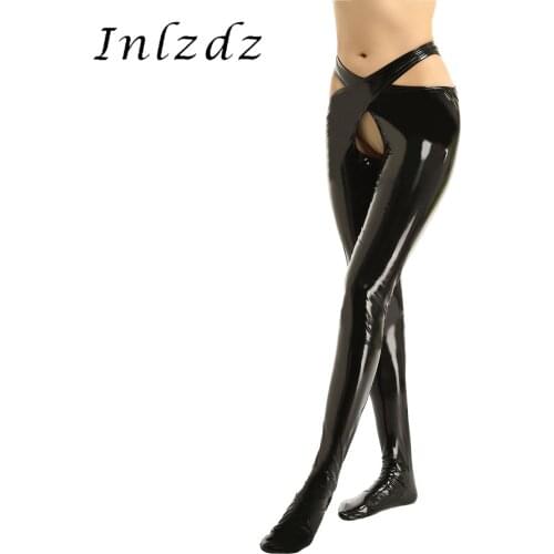 Womens Erotic Lingerie Legging Open Crotch Pants Patent Leather Trousers Pants with Waistband Crotchless Underwear Sex Costume