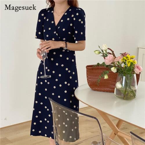 2021 Korean New Summer Women Dress Chiffon V-neck French Floral Dress for Women Casual Women Office Lady Dress Vestido 14221