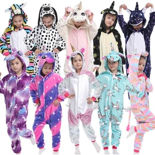 Boys Girls Winter Jumpsuit Unicorn Pajamas Anime Animal Pyjamas Kids Panda Cosplay Flannel Kigurumi Licorne Onesie Sleepwear