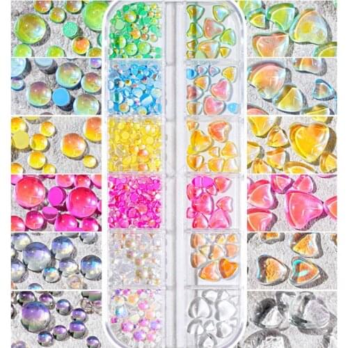 1 Grid Candy Colors Mixed Size Mermaid Heart Glass Crystal Beads AB 3D Nail Art Rhinestones DIY Acrylic Stones Nail Decorations