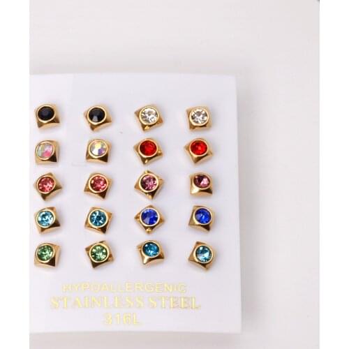 10 Pairs Square Mixed Set Stud Earrings Cubic Zirconia Gold Color Stainless Steel Fashion Jewelry Girls/Women Party Jewelry