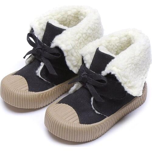 2020 Baby Kids Girls Winter Lamb Wool Lining Fashion Sneakers Shoes Children Turned-over Edge Canvas High Shoes Size 21-32