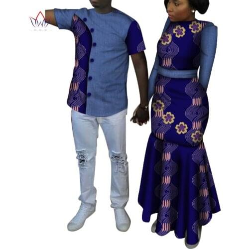 African Ankara Print Clothes for Couple Dashiki Elegant Lady Party Dresses and Men Shirts Cotton African Clothing WYQ491