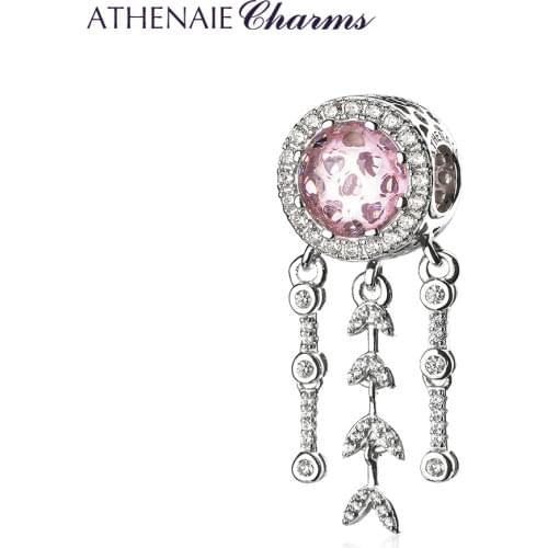 ATHENAIE 925 Sterling Silver Clear Pink CZ Dream Catcher Dangle Charms Beads for Bracelet and Necklace Wedding Jewerly