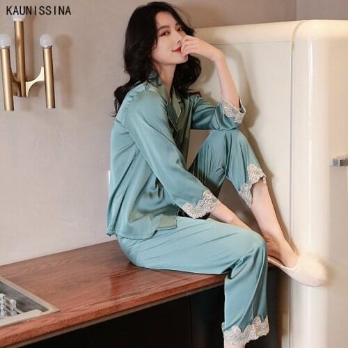 Women Silk Pajama Sets Homewear Turn-down Collar Three Quarter Sleeve Long Pants Lace Trim Imitation Silk 2 Piece Set Sleepwear