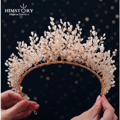 Himstory News Rhinestone Crystal Tiara Headband Fashion Gold Headpieces Royal Bridal Wedding Dressing Crown Accessory Women