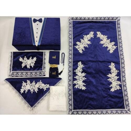 Navy blue Groom 8 Piece Coffer Prayer Rug Set Velvet Bundle Set