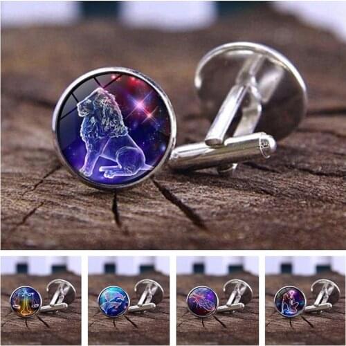 12 Constellations Cufflinks for Mens Zodiac Signs Jewelry Glass Cabochon Cuff Links for Men Shirt Accessories for Boyfriend Gift