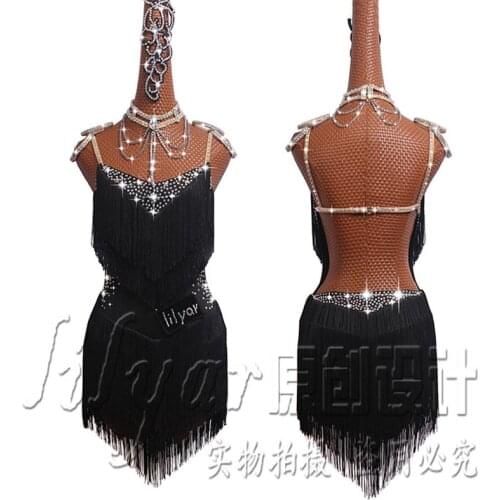 Latin Dance Dress Competition Dresses Costumes Skirt Performing Rhinestones Adult Customize Children Tassel dress Various color
