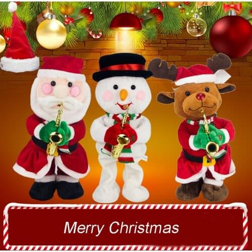 New Year 2021 Christmas Decorations for Home Electric Plush Toys with Music Saxophone Playing Santa Claus White Feet with Lights