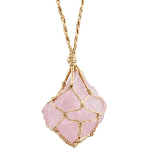 SUNYIK Natural Pink Quartz Raw Rough Crystal Pendant Hemp Cord Wrapped Adjustable Necklace Chakra Healing Jewelry
