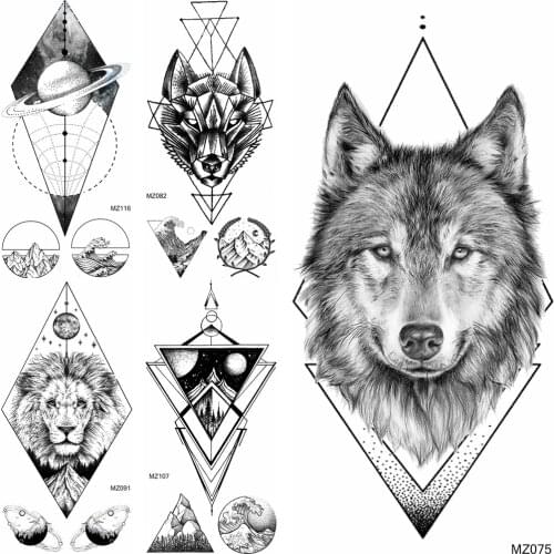 Triangle Geometric Large Fake Wolf Temporary Tattoos Stickers Planet Tatoo Sheet Paper Diamond Adult Tattoo For Man Woman Teens