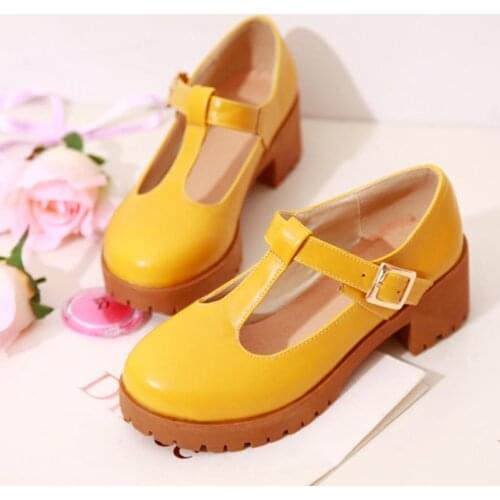 T-Strap Buckle Strap Mary Janes Platform Women Chunky Medium Heels Shoes Woman Spring Block Heel Pumps Retro Vintage Shoes