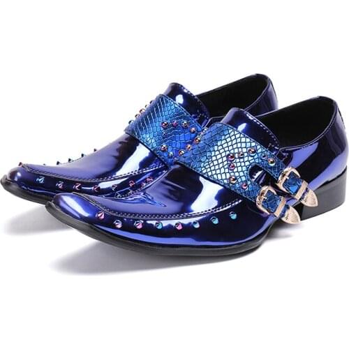 Stylish Rivets Men Shoes Casual Luxury Genuine Leather Blue Formal Dress Monk Buckle Straps Wedding Brogues Shoes Zapatos Hombre