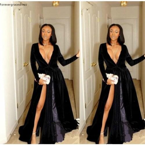 Vintage Long Sleeves Black Evening Dress South African V Neck Split High Formal Holidays Party Gown Custom Made Plus Size
