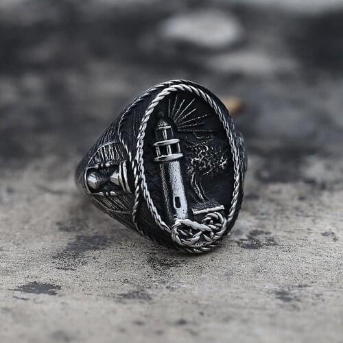 Vintage Gothic Viking Lighthouse Ring 316L Stainless Steel Mens Nautical Signet Ring Male Punk Biker Ring Jewelry Gift Size 7-15