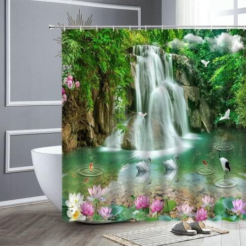 Spring Scenery Shower Curtain Flowers Green Plants Forest Landscape Bathroom Curtains Set Waterproof Bath Screen Bathtub Decor