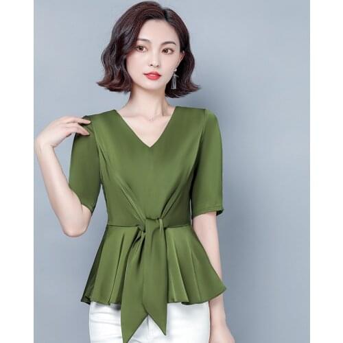 High Quality Fabric Summer Short Sleeve Blouses Shirts Women Elegant Blouse Bottoming Shirt Tops Ladies Office Clothes Plus Size