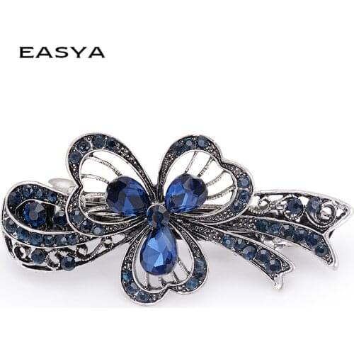 EASYA New Fashion Women Girls Clover Hair Barrettes Ornaments Antique Metal Rhinestone Crystal Hair Pin Hair Clips