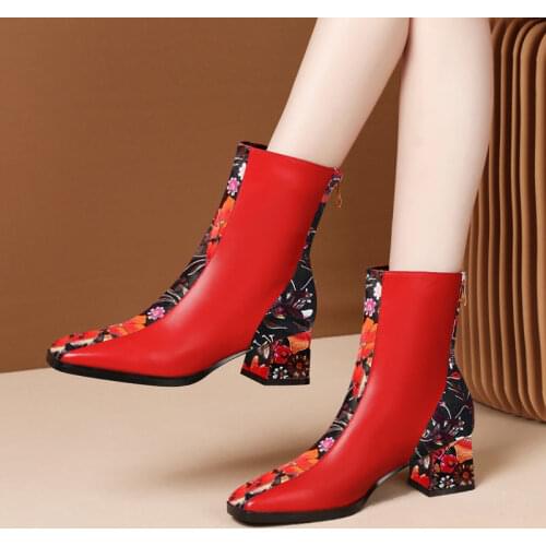 2020 Women Short Boots , Winter Shoes,Soft Microfiber Leather,Square Toe,Printing Heel, Ethnic Style,Female Footware,Black,Red