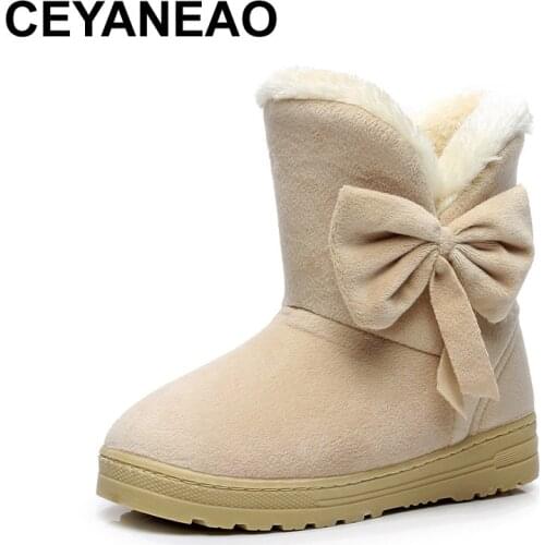 CEYANEAO 2019 new winter womens boots plain soft cute womens shoes without a buckle with a bow winter shoes with flat soles