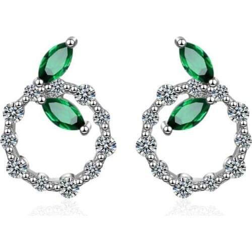925 Sterling Silver Jewelry Green Leaves Flash Crystal Temperament Exquisite Round Women Stud Earrings SE646
