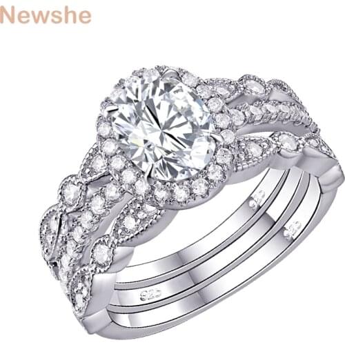 Newshe Solid 925 Sterling Silver Wedding Engagement Ring Set For Women Oval Shape AAA Zircons Art Deco Bands Classic Jewelry