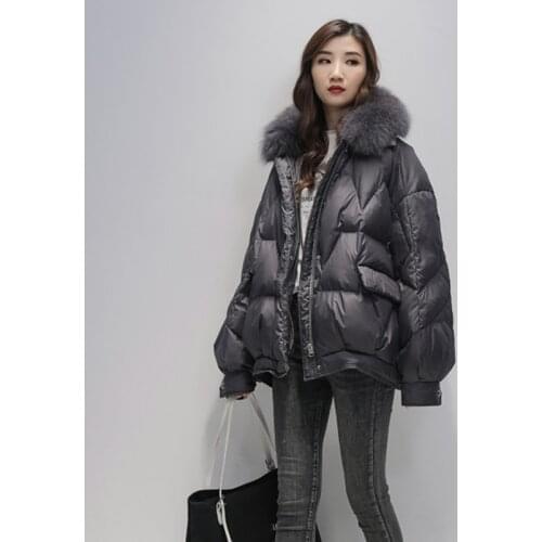 Ailegogo Real Fox Fur Women White Duck Down Jacket Female Thick Warm Down Coat Good Quality Winter Coat Women Loose Down Parka