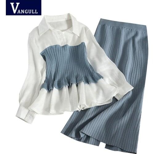 Vangull Silm Knitted Turn-down Collor 2 Pieces Set Women Spring Patchwork Button Skinny Long Sleeve Tops Sexy Sweater Skirts