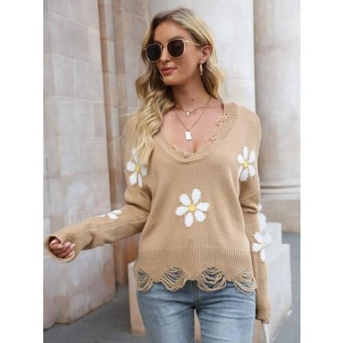 2021 New Fashion Loose Hole Women Sweaters Flower Jacquard Knitted Tops Autumn Female Long Sleeve Pullovers Lady