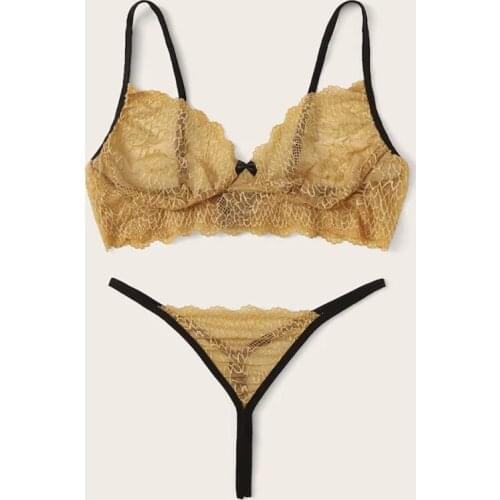 Women Sexy Lingerie Two-Piece Set Lace Hollow See-Through Bra &G-String Underwear Exotic Clothes