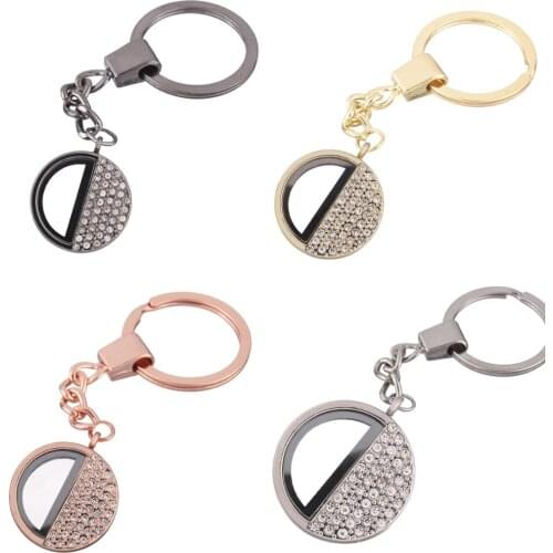 10pcs/lot Round half with crystal Alloy twist Memory Living Magnet Glass Key Ring Keychains Locket fit for Floating charms