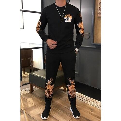 100%real luxury mens black tiger embroidery long sleeve T shirt with pants/leisure tracksuit/Asia size