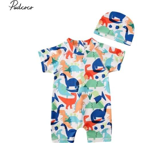 2020 Summer Swimsuit Toddler Baby Kid Boy Sun Protective Swimwear Rash Guard Costume Short Sleeve Dinosaur Colorful Bathing Suit
