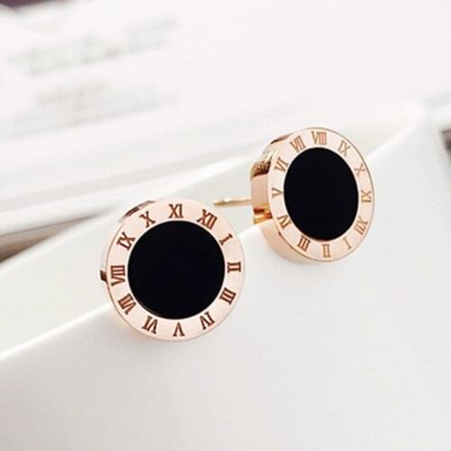 2021 Classic Roman Numerals Round Black Enamel Stud Earrings for Women Stainless Steel Rose Gold Plated Earring Party Jewelry
