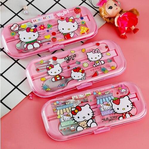 3pcs per set Sanrio hello kitty Childrens Cutlery Set Cartoon Cute Portable Fork Spoon Chopsticks