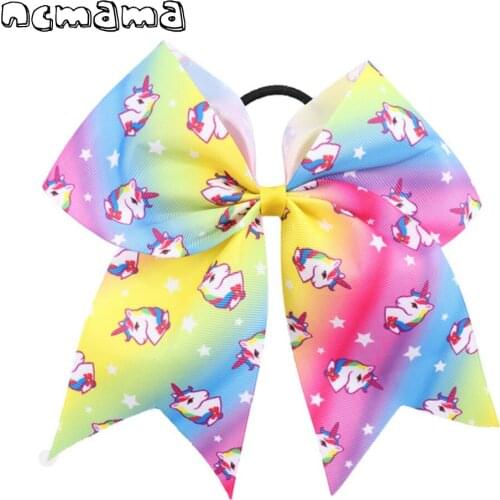 2 Pcs 7'' Cute Unicorn Printed Cheer Bows Ponytail Holder Elastic Hair Band Grosgrain Hairbow For Kids Girls Hair Accessories