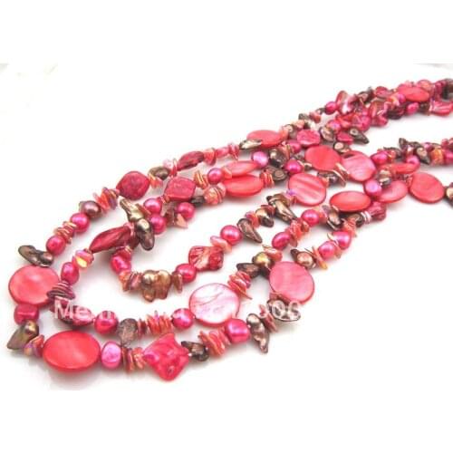 Free shipping bohemian long necklace fashion fresh water pearl and shell necklace red color beach style