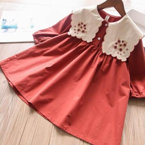 Girls flower embroidery cotton long sleeve princess dress wholesale