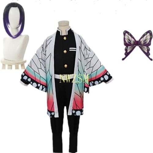 Kids Demon Slayer Kimetsu no Yaiba Kochou Shinobu Cosplay Halloween Party Girls Full Set Costume With Free Butterfly Headdress