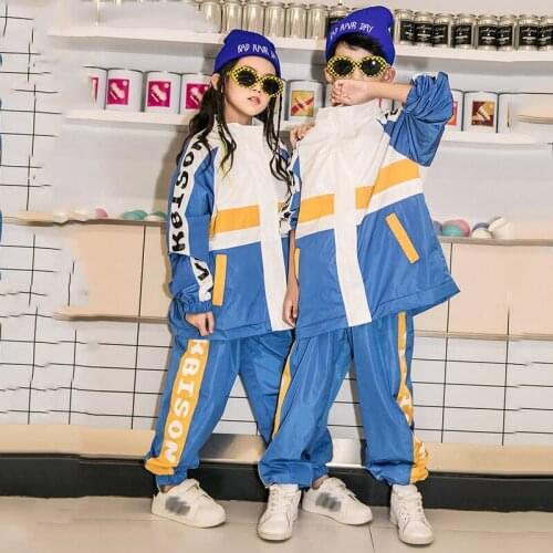 Kids Hip Hop Costume Street jazz Clothing For Girls Boys Hiphop Performance Outfits Blue Tops Pants Stage Costume Wear BL5557