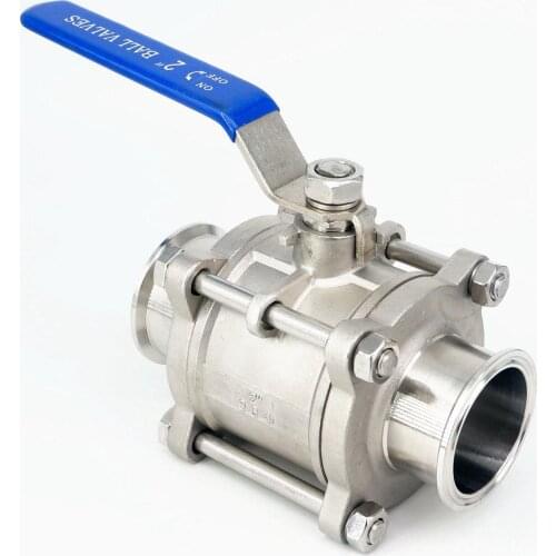 DN40 Fit 51mm Pipe OD Tri Clamp 2" SS304 Stainless Steel 3-Piece Type Sanitory Ferrule Ball Valve