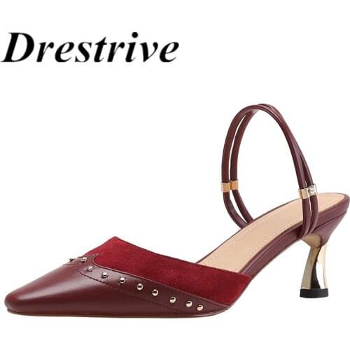 Drestrive Pointed Toe 2021 Summer Full Genuine Leather Women Sandals Patchwork Rivet Thin High Heel Shoes Big Size 42