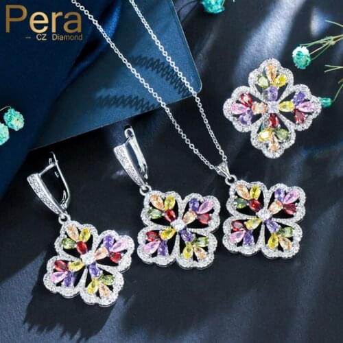 Pera Brand Design Colorful Cubic Zirconia Topaz Drop Large Flower Earrings Necklace Rings Set Trendy Ladies Jewelry Sets J166